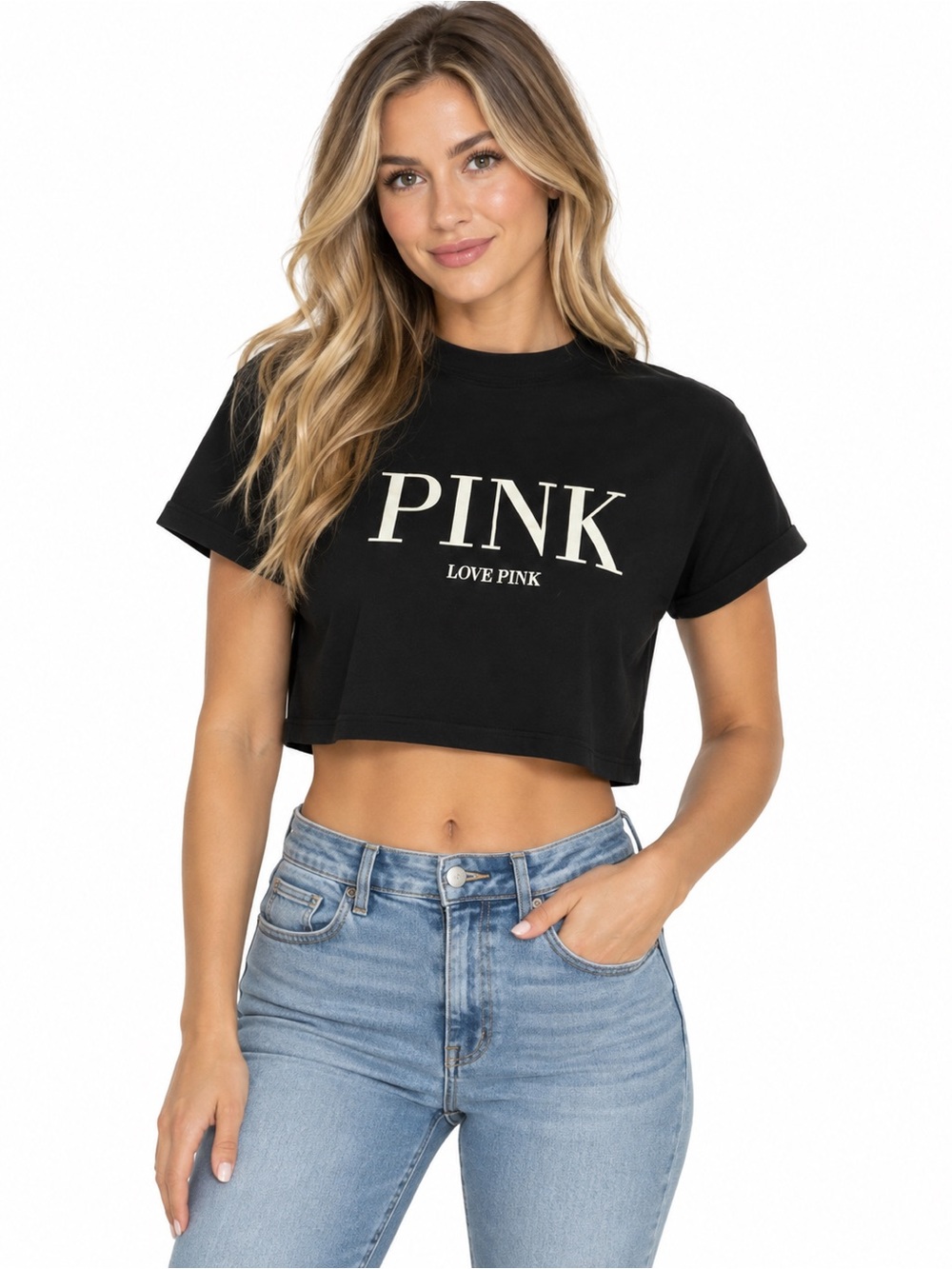 PINK Victoria's Secret Black Cropped Logo Tee